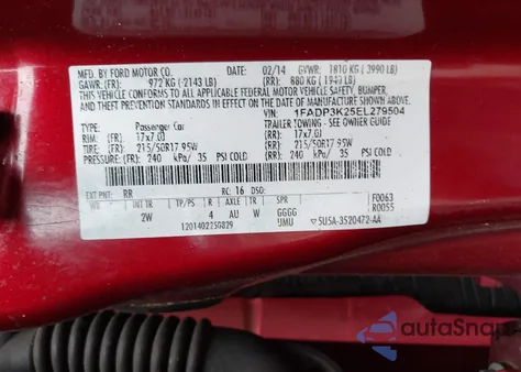 2014 Ford Focus Se z USA, uszkodzony, nr VIN 1FADP3K25EL279504